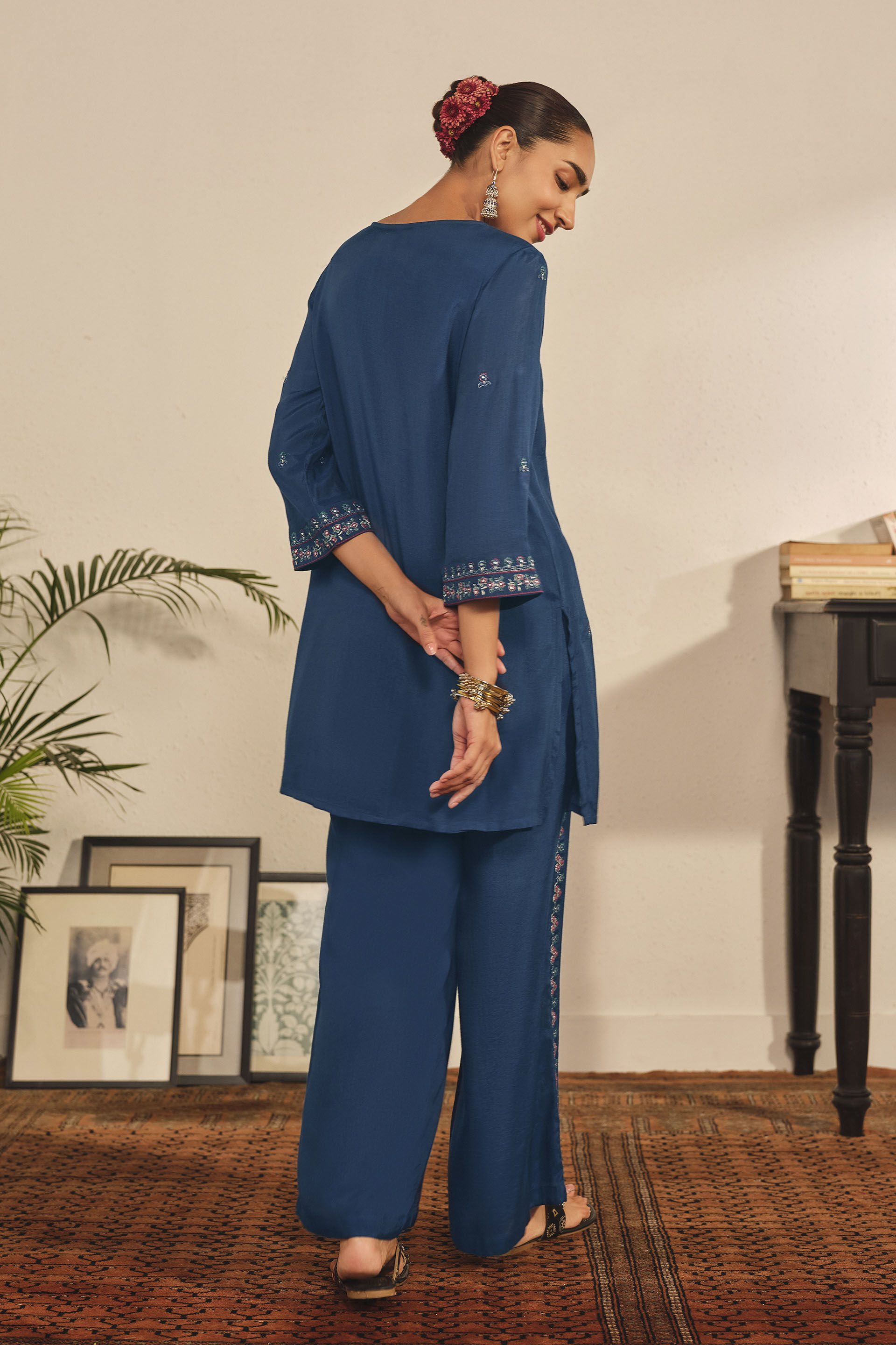 Embroidered Kurta Set in Indigo, Indigo, image 4